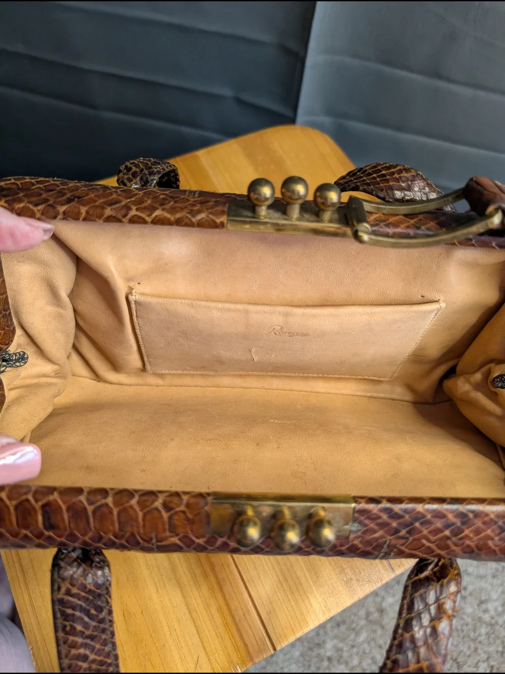 Vintage Ronay Genuine Snakeskin Reptile Leather Handbag Brass Hardware